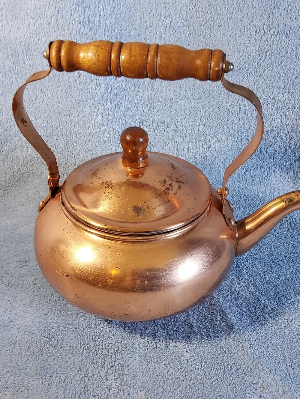 Vintage 1984 Copper Tea Kettle Taiwan FTDA Wood Handle Farmhouse Cottagecore